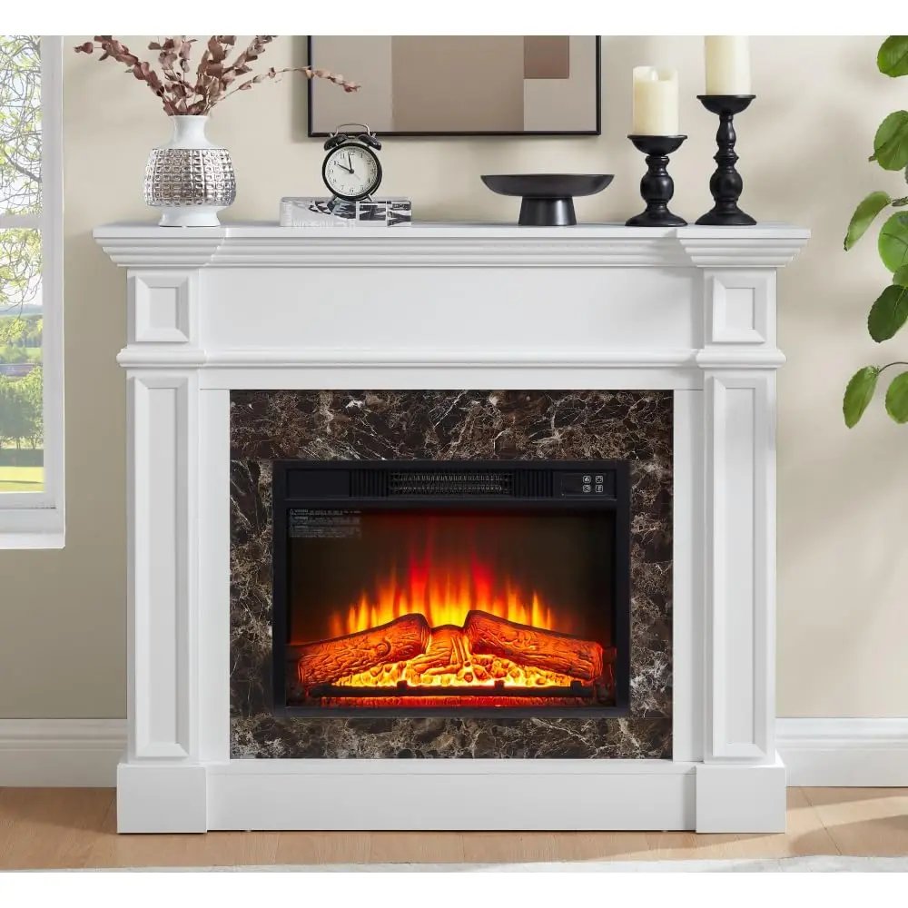 Electric Fireplace Mantel White Stone Surround Remote Control Heater, Customized