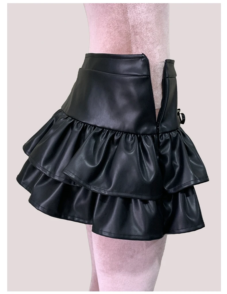 Nerazzurri Summer Autumn Soft Black Pu Leather Mini Tiered Pleated Skirt Women Lace Up Short Luxury Designer Punk Style Clothes
