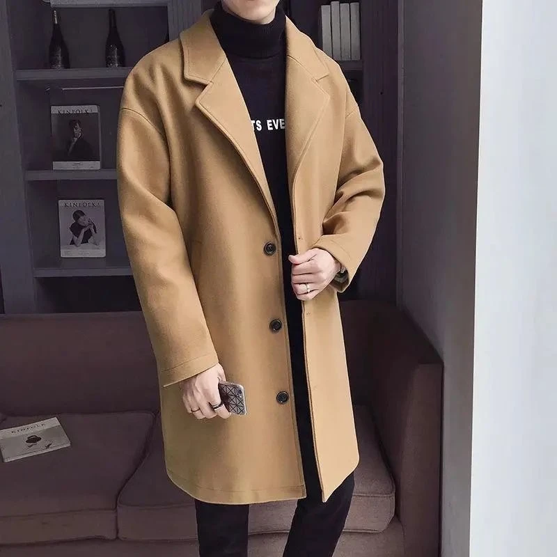 Men's Autumn Winter Trendy Mid-Long Wool Coat Korean Style Padded Thick Loose Trench Outerwear