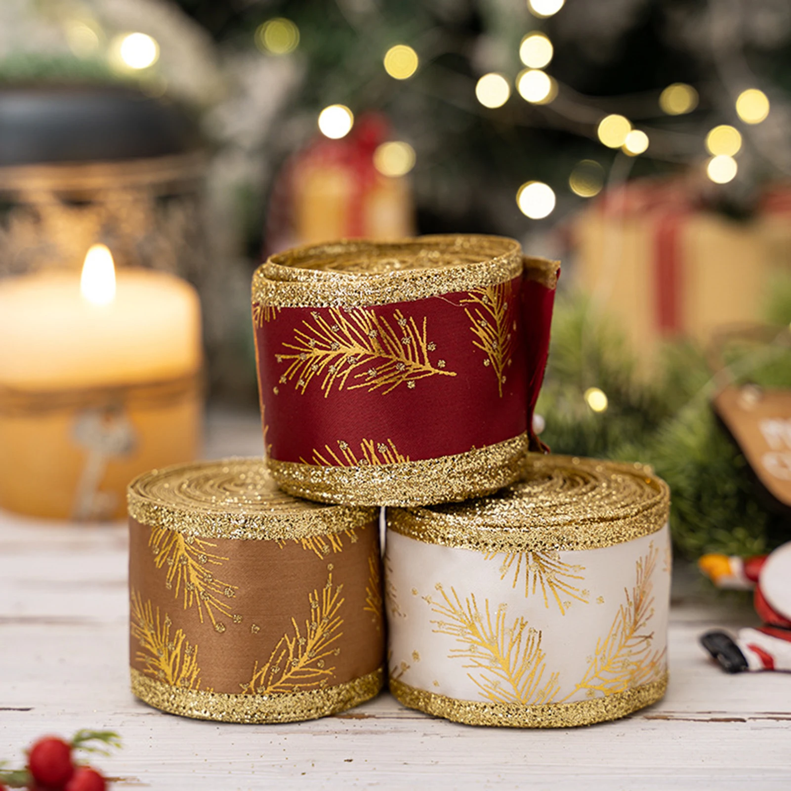 Christmas Wired Ribbons Delicate Gold Leaves Pattern Ribbons Gift Wrap Bow Handmade DIY Craft Christmas Wedding Party Decoration