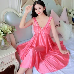 Thin Silk Lady Charming Sleepwear Night Dress Women Sexy Soft Lingerie Spaghetti Strap Home Wear Honeymoon Bride Wedding Nighty