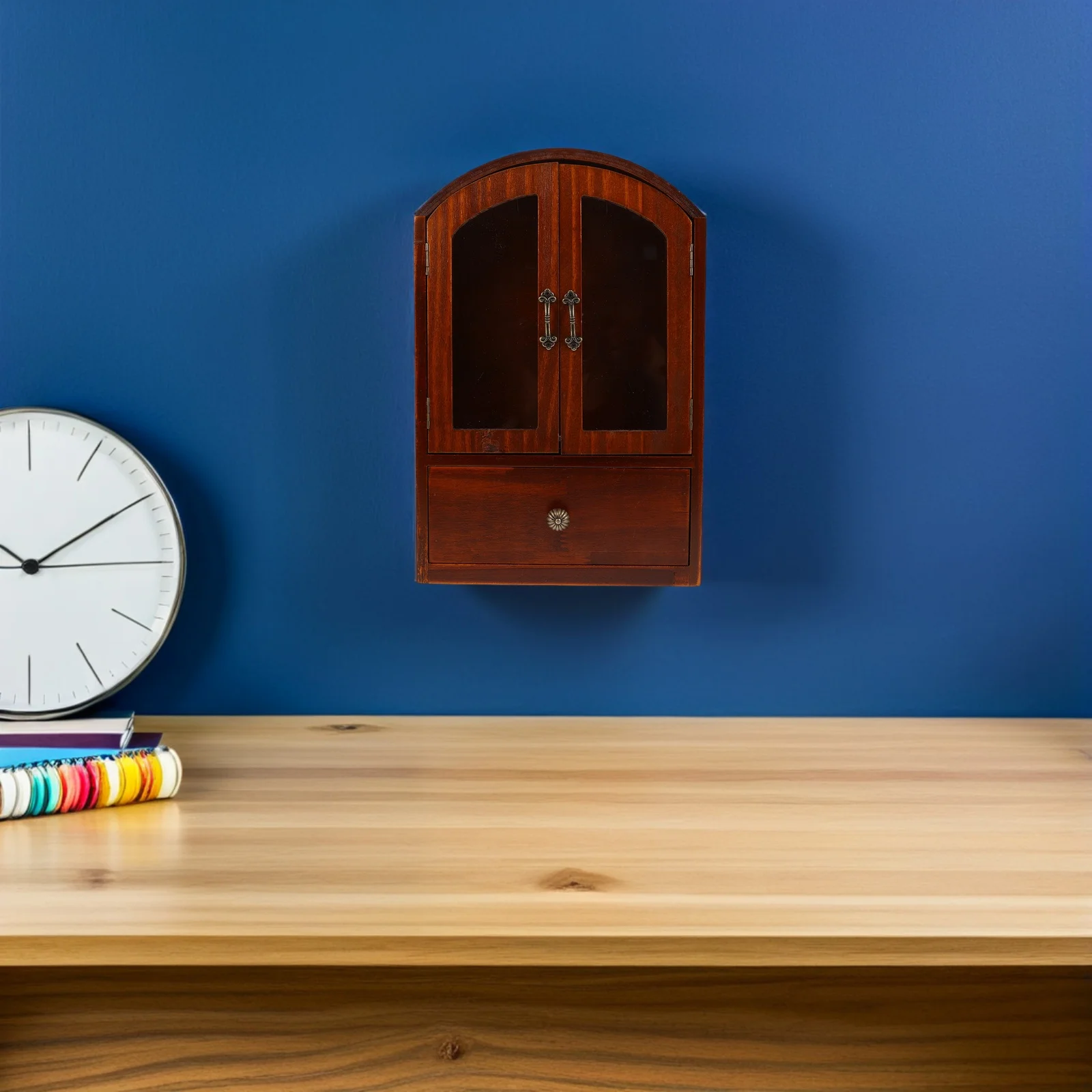 Retro Wood Desktop Storage Glass Desk Drawers Makeup Office Supplies Small Countertop Home Workspace Wood Cabinet With Doors