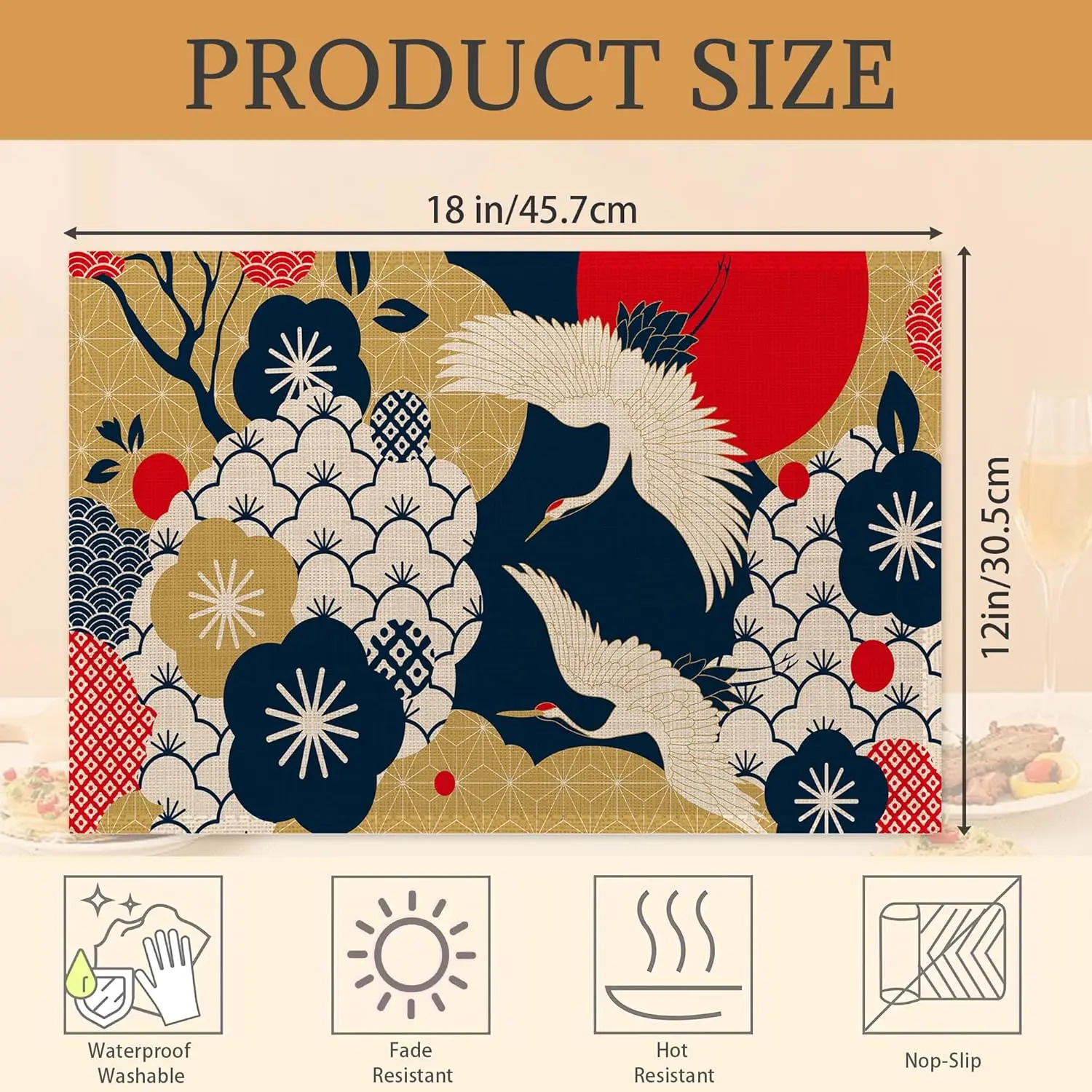 Japanese Cherry Blossoms Flower And Crane Placemats Set Of 6 Place Mats For Kitchen Table Washable Farmhouse Linen Table Mats