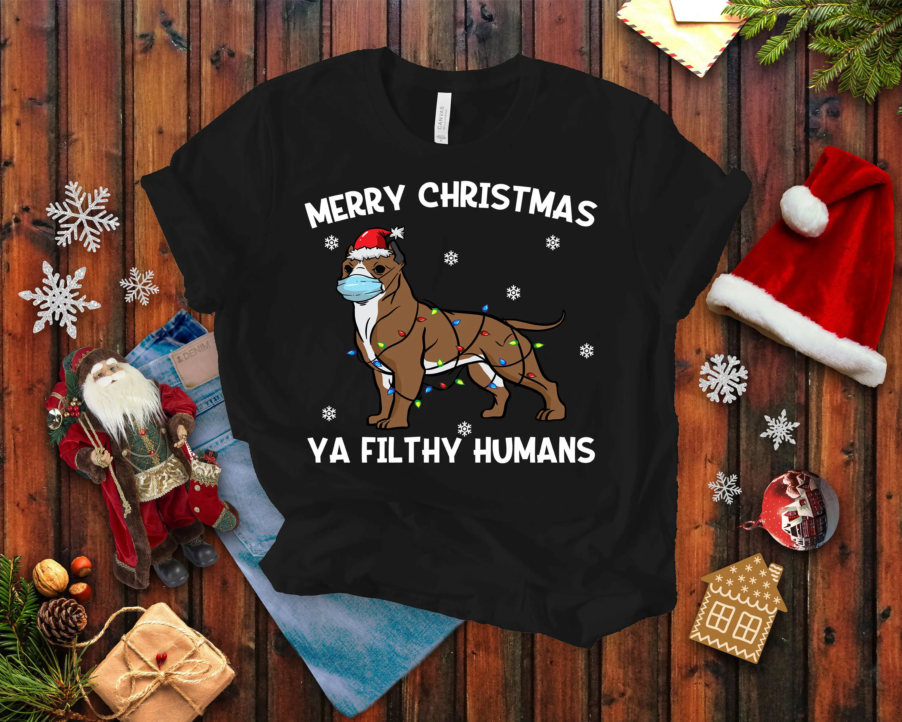 Pitbull Santa T Shirt Merry Christmas Ya Filthy Humans Dog Funny Owner Lover