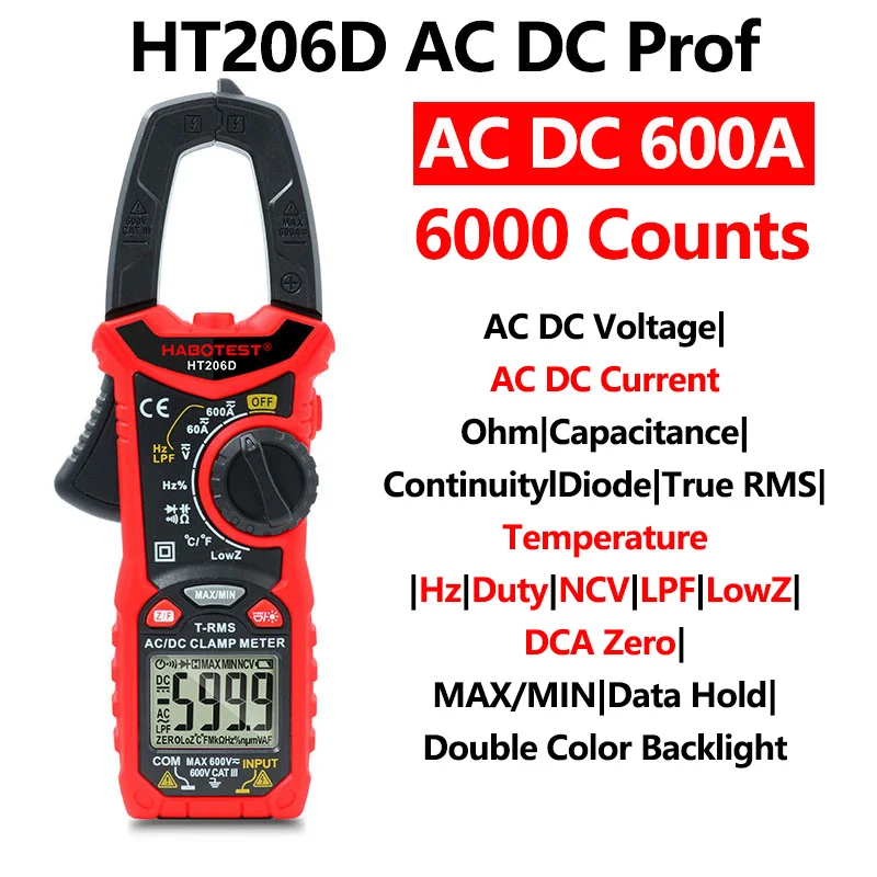 HT206 Pliers Ammeter Amperometric Clamp Meter 600A AC/DC Current Auto Range Multimeter Double Backlight Capacitance Ohm Test