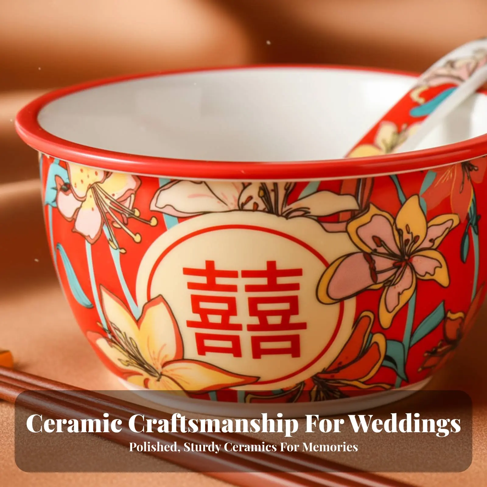 

Ceramic Wedding Bowl Set, Red Double Happiness Tableware, Creative Chinese Design, Gift Box for Newlyweds