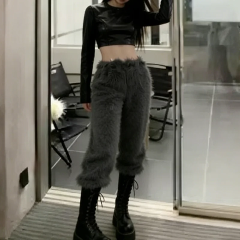 Pantalon long en tricot pelucheux unisexe, style streetwear américain, épais, chaud, ample et décontracté pour l'automne et l'hiver