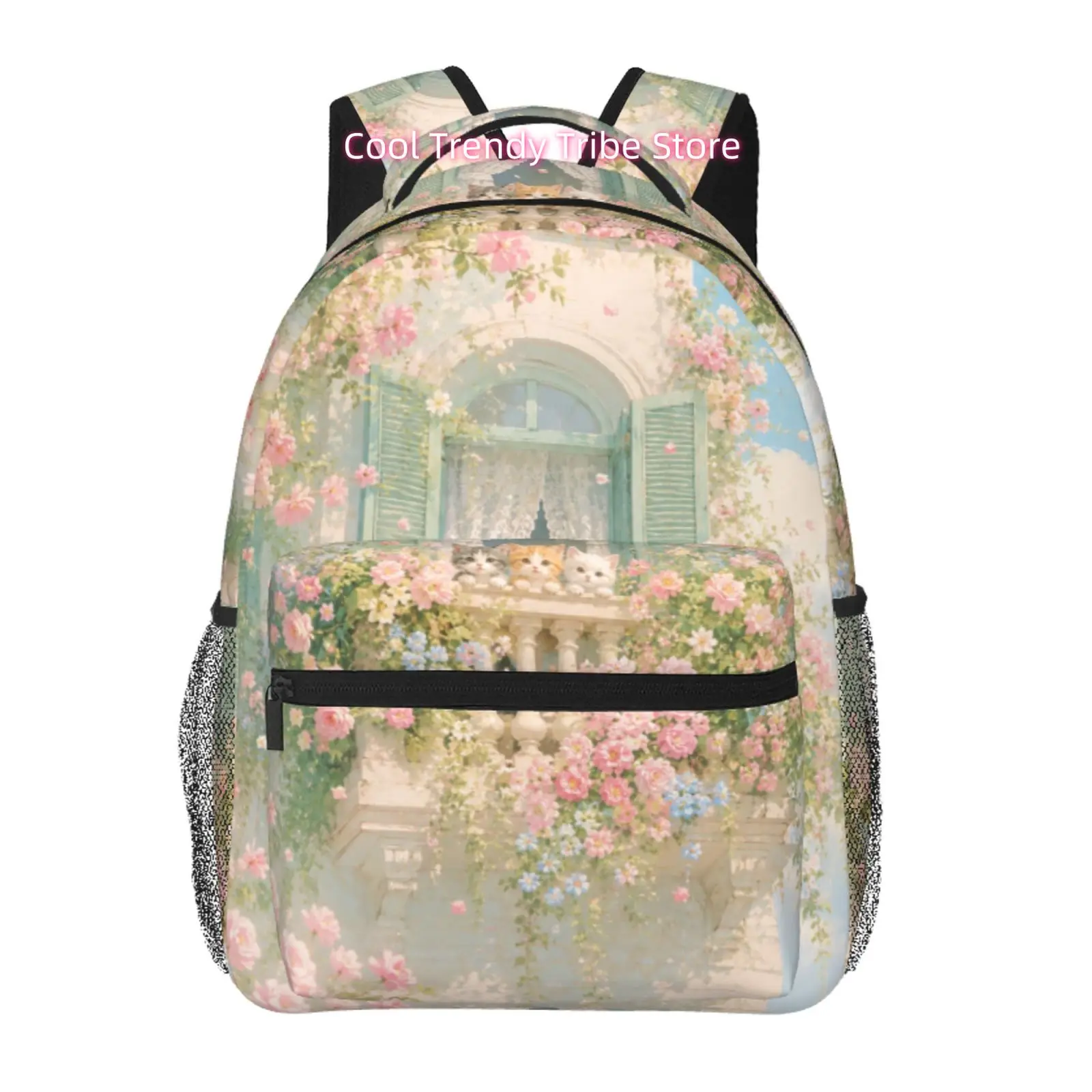 Dreamy Floral Balcony Cat Print Adult Backpack, Oxford Cloth Adjustable Shoulder Strap Casual Daypack for Cat Lovers& Women, Ide