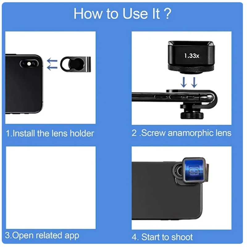 Black 1.33X Anamorphic Lens Filmmaking Phone Camera Lens Mobile Phone Video Widescreen Movie Lens By Filmic Pro App
