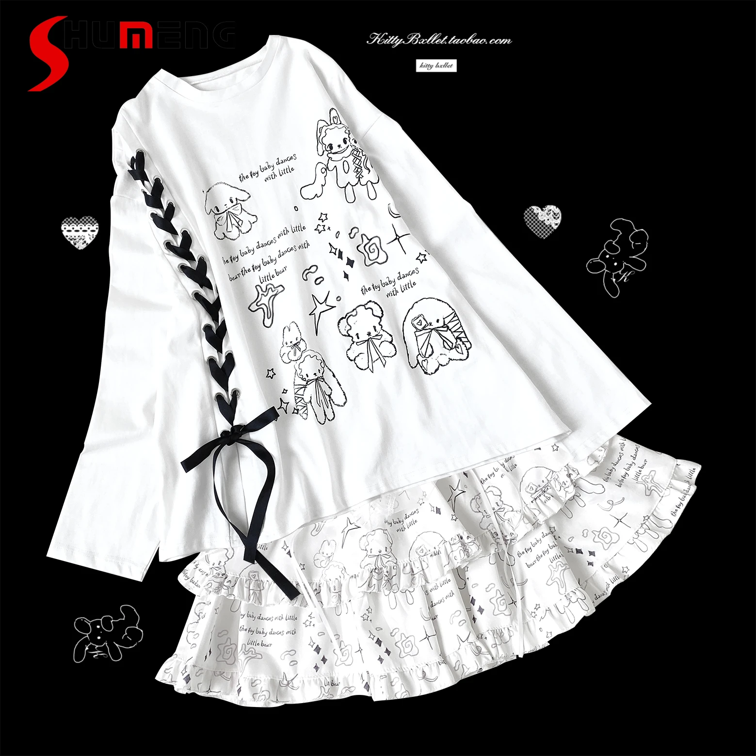 

Original Mine Series Subculture Cartoon Print Loose Casual Long-sleeved T-Shirts and Y2k Elastic Waist Skirt Set Two-piece Set