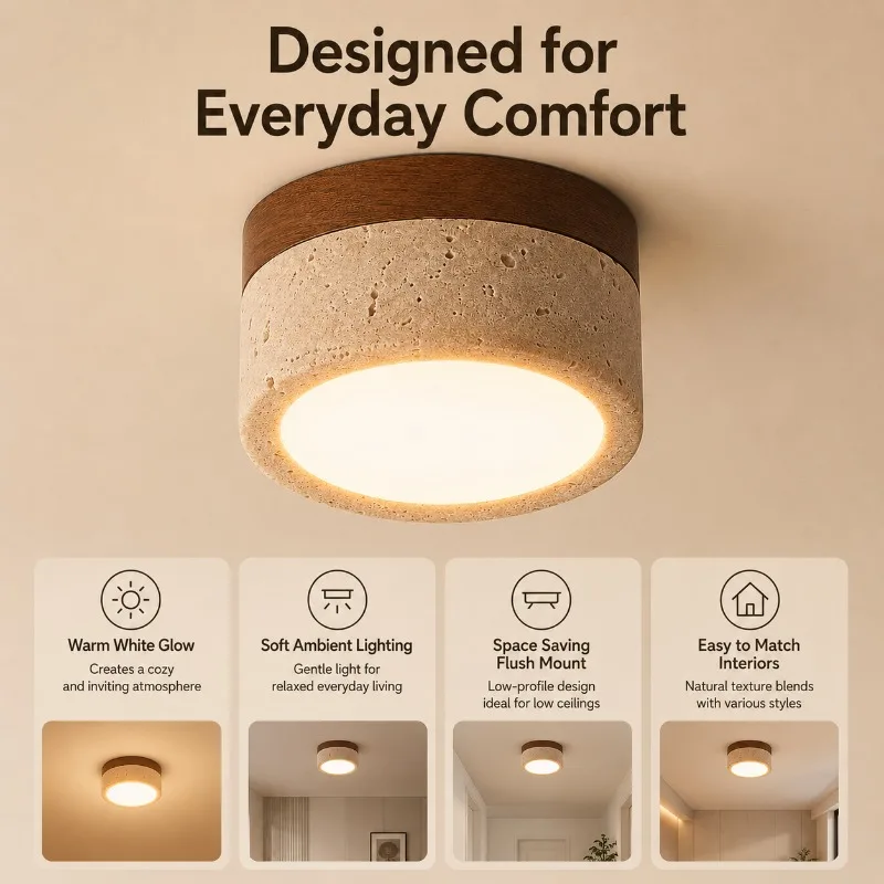Natural Travertine Ceiling Light Wood Grain Round LED Flush Mount Lamp for Hallway Bedroom Corridor Entryway Ceiling Light