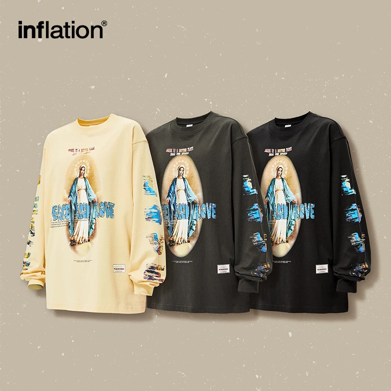 INFLATION Streetwear Oversize T-shirts Men Spring Long Sleeve Tees Unisex High Street Graphic Tops Plus Size 2473S23