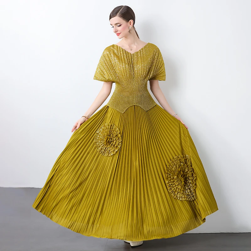 Ensemble t-shirt et jupe longue V-Ne avec Sves chauve-souris et Gold Eming européen Sle fibre de polyester Midi Dr