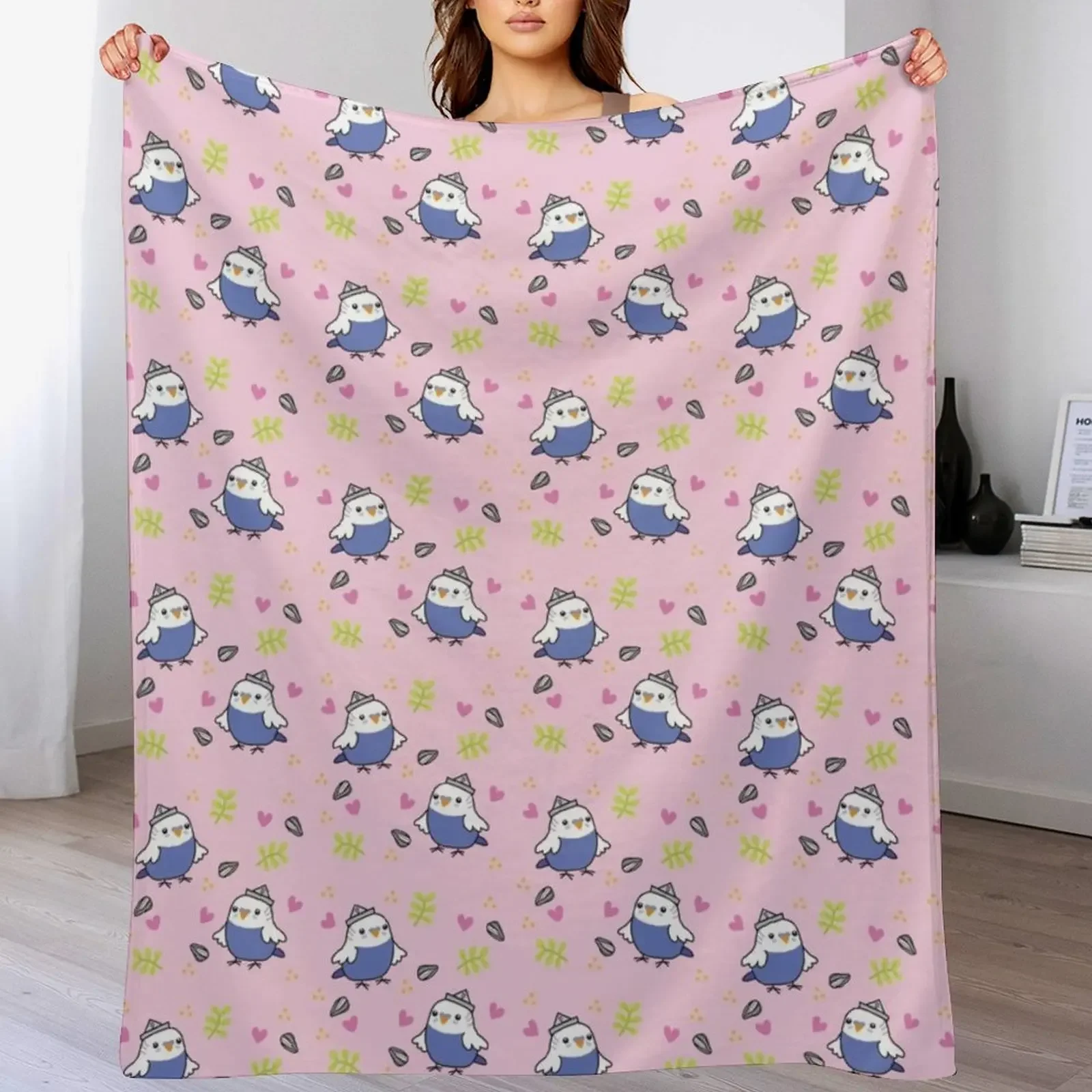 Cute Blue Budgie - Pink Throw Blanket Heavy anime Soft Beds manga Blankets