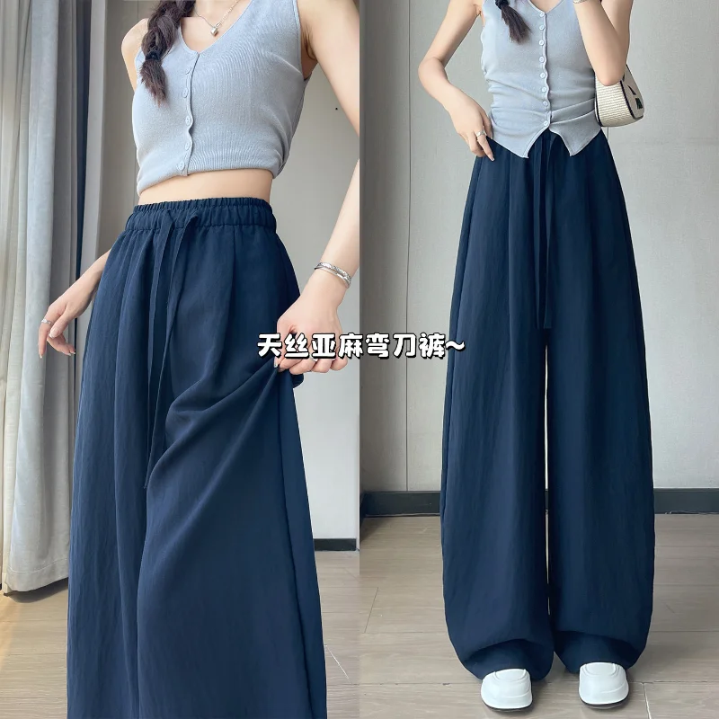 Pantalon à jambes larges en lin lavé pour femmes, été, ourlet fin et incurvé, ample, décontracté, en coton et lin