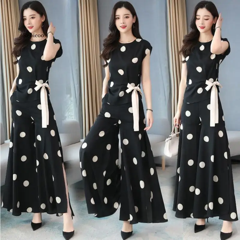 Clothing Women Short Sleeve Shirt Suit 2022 Summer New Fashion Chiffon Printed Dots Top Wide Leg Pants 2 Two Piece Set