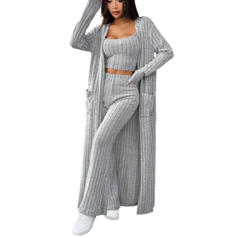 

Повседневный вязаный комплект из футболки, модная женская одежда Lazy Sle, длинные брюки, круглые длинные брюки, удобная домашняя одежда