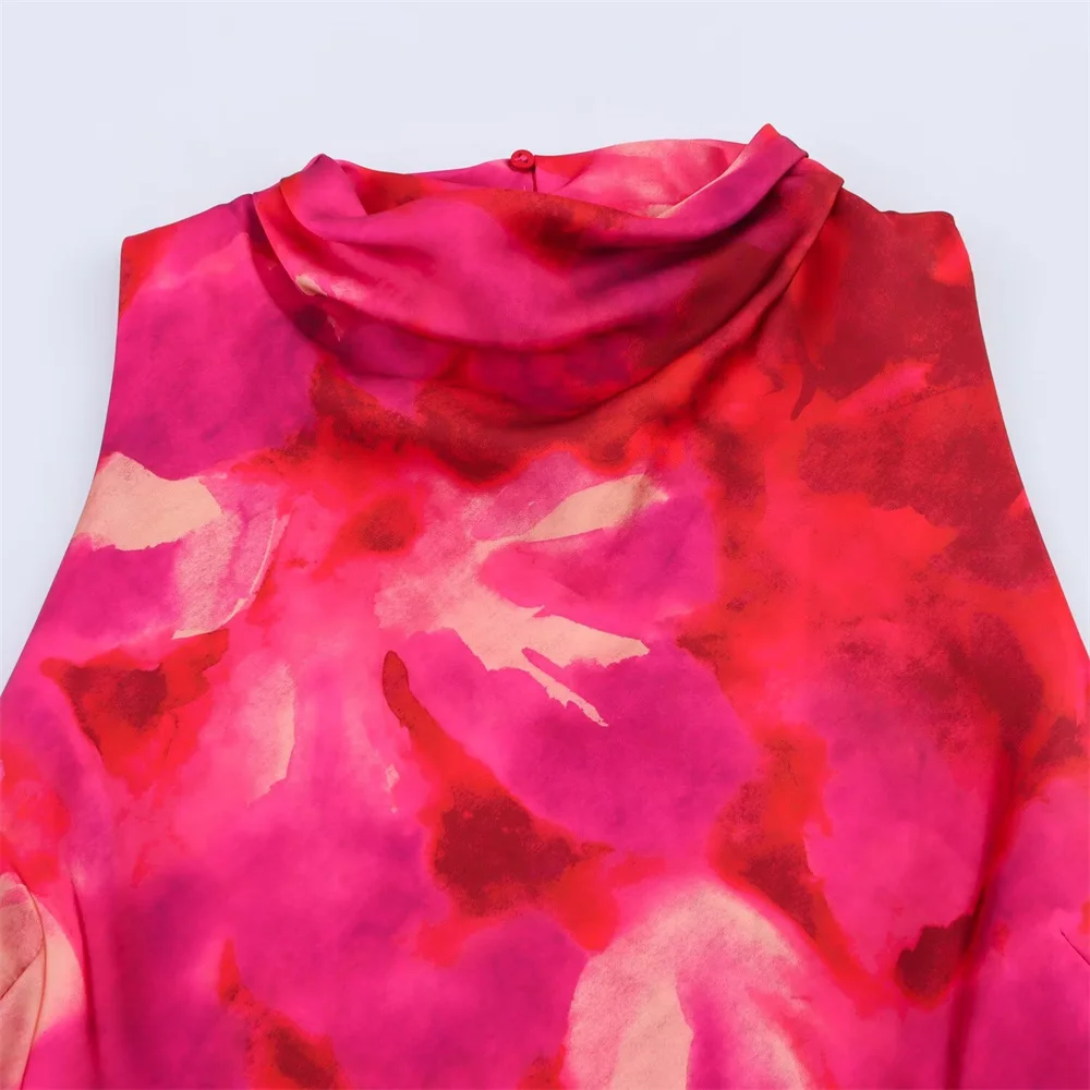 women's pleated collar silk satin texture printed MIDI skirt spring and summer new product slim fit sleeveless dress