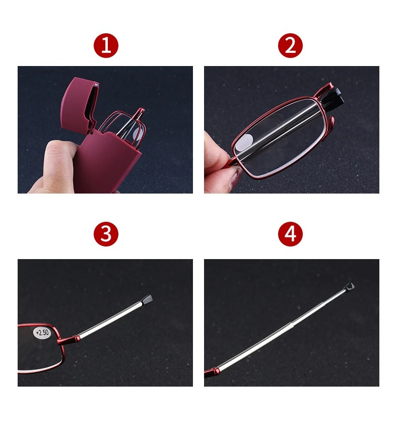 Ultraleichter Legierungsrahmen, tragbare, faltbare Lesebrille, Presbyopie für Männer und Frauen, Anti-Blaulicht-blockierende Brille mit Etui – Detail 7