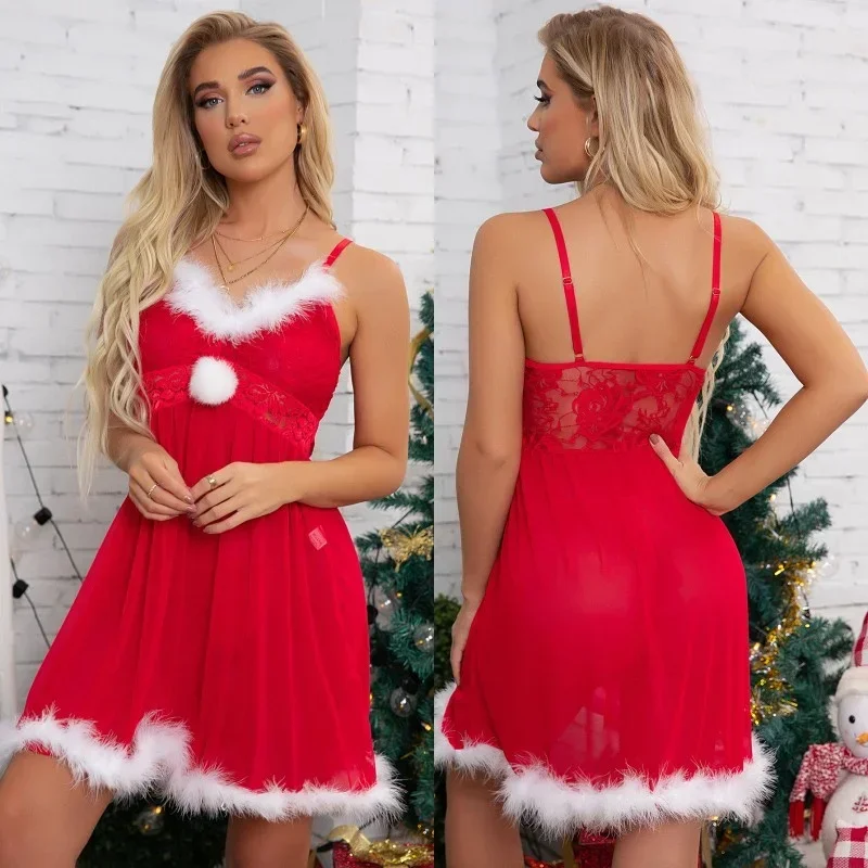 Lencería sexy Vestido de Navidad Lencería sexy caliente Ropa de dormir transparente erótica Disfraces de cosplay de encaje rojo Babydoll de mujer para regalos