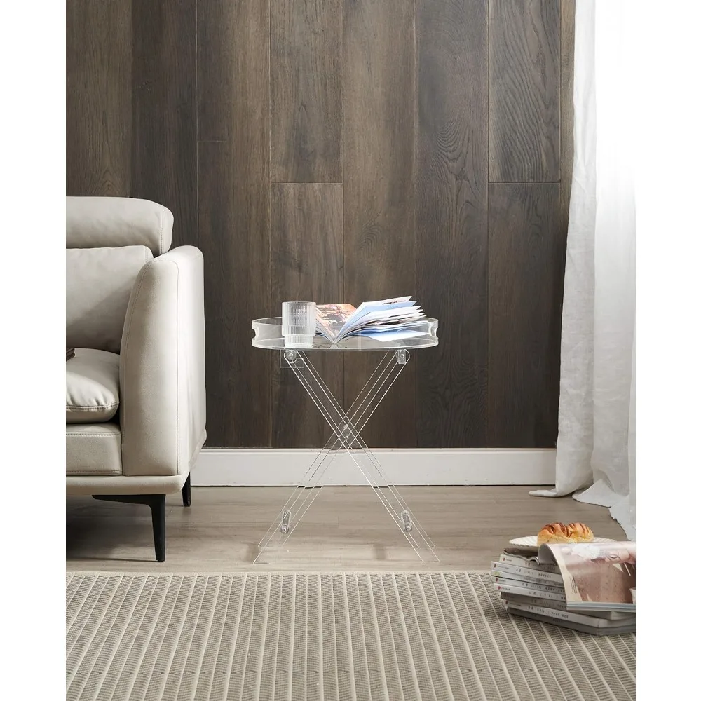 Mesa dobrável acrílica compacta, bandeja redonda para servir, ideal para espaços de escritório e sala, 16 x 16 polegadas, 20 polegadas de altura