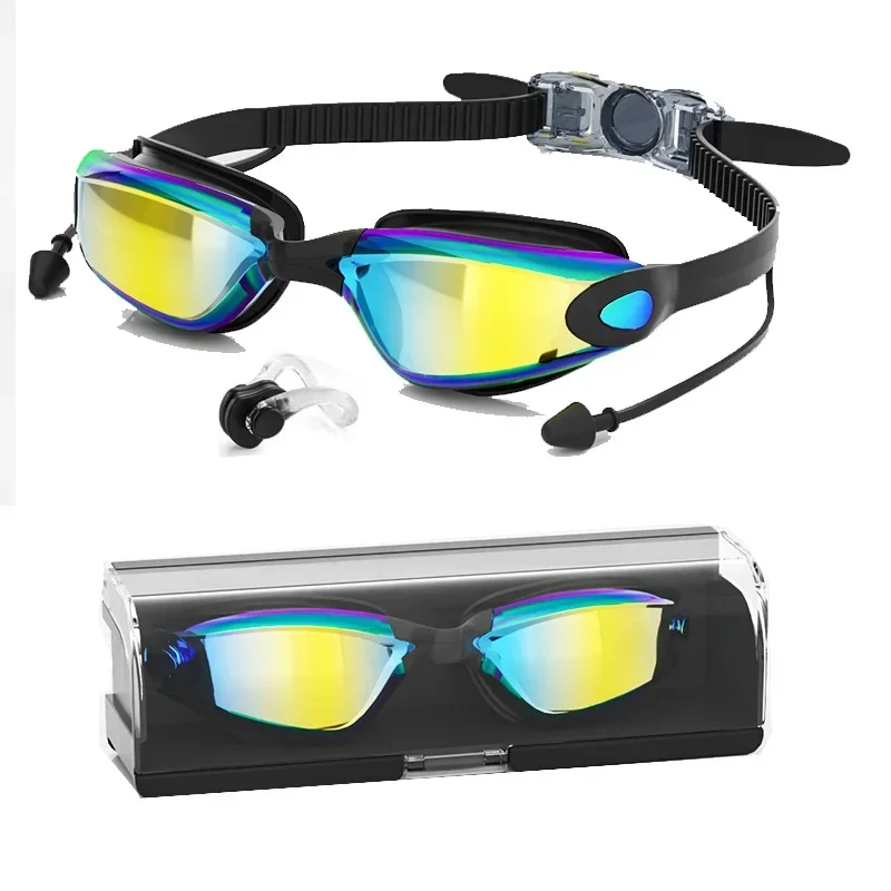 Adult Boxed Swimming Goggles, Silicone One-piece with Earplugs, Plated Anti-fog High-definition Swimming Glasses