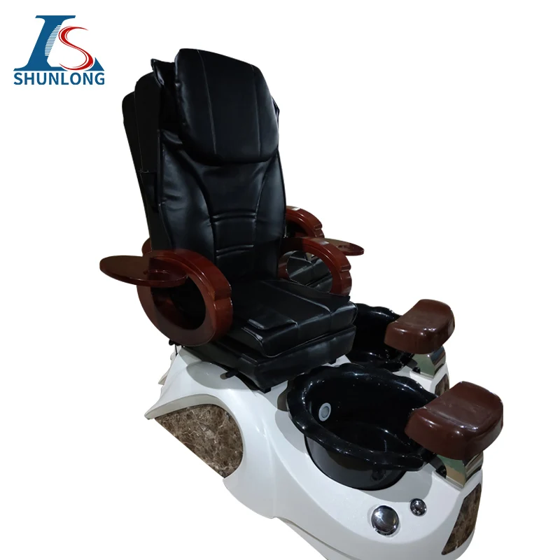 Black PU Pedicure Spa Chair with White Fiberglass Foot Tub, Electric Reclining Foot Massage Chair, Wooden Armrest Nail Salon Fur