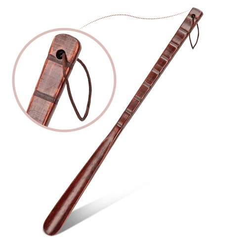 Imagen 1 del producto Nuevo Calzador de madera con mango largo, calzador de haya con correa de cuero, elevador de zapatos Flexible, cuernos de zapatos de madera Extra largos y cómodos