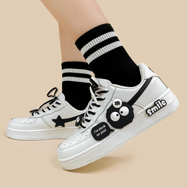 Amy and Michael Cute Cartoon Shoes 2024 Autumn New Women White Flat Casual Sneakers Teenagers Students Low Top Sports Trainers