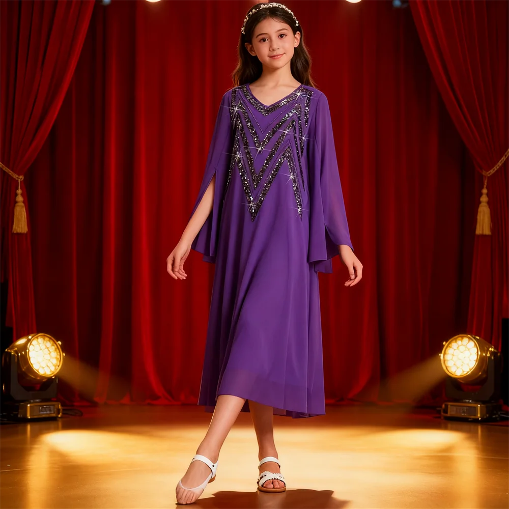 

Fashion Girls Chiffon Long Dress Sequins Abaya Dubai Kaftan Flared Sleeve Robe Arabic Morocco Caftan Middle East Vestidos Gown
