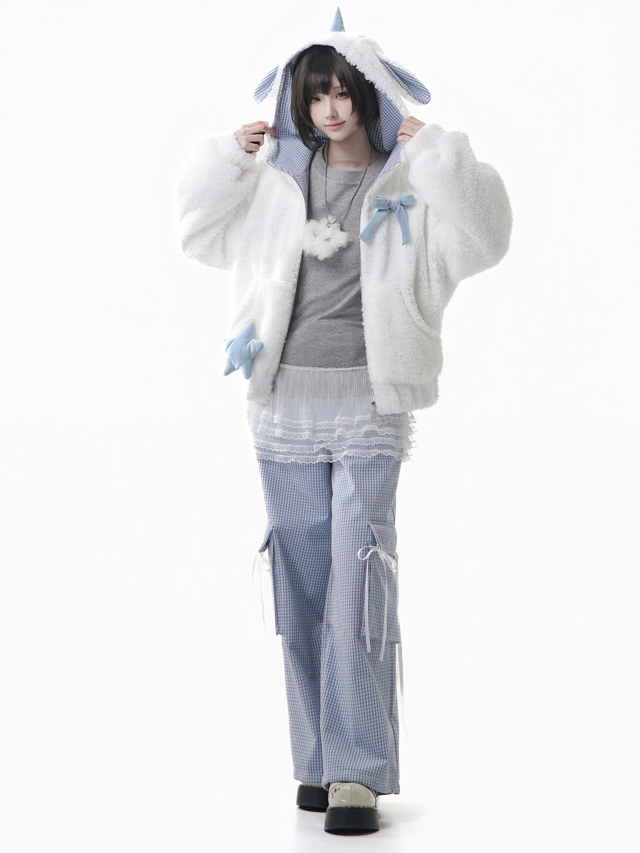 Chaqueta de piel sintética Y2K Original para invierno, estilo universitario, estudiante, dulce y fresco, abrigo de felpa con capucha, pantalones, conjunto superior de manga larga