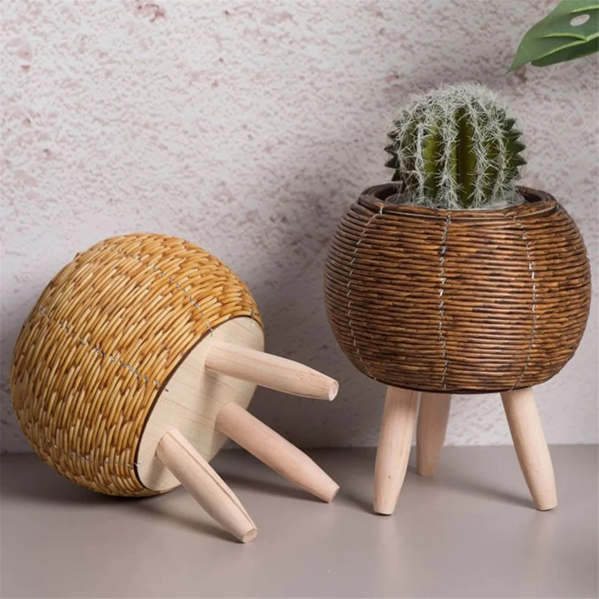 Vintage Imitation Rattan Woven Flower Shelf Planters Handmade Storage Basket with Wooden Legs Plant Pot Stand Holder,E