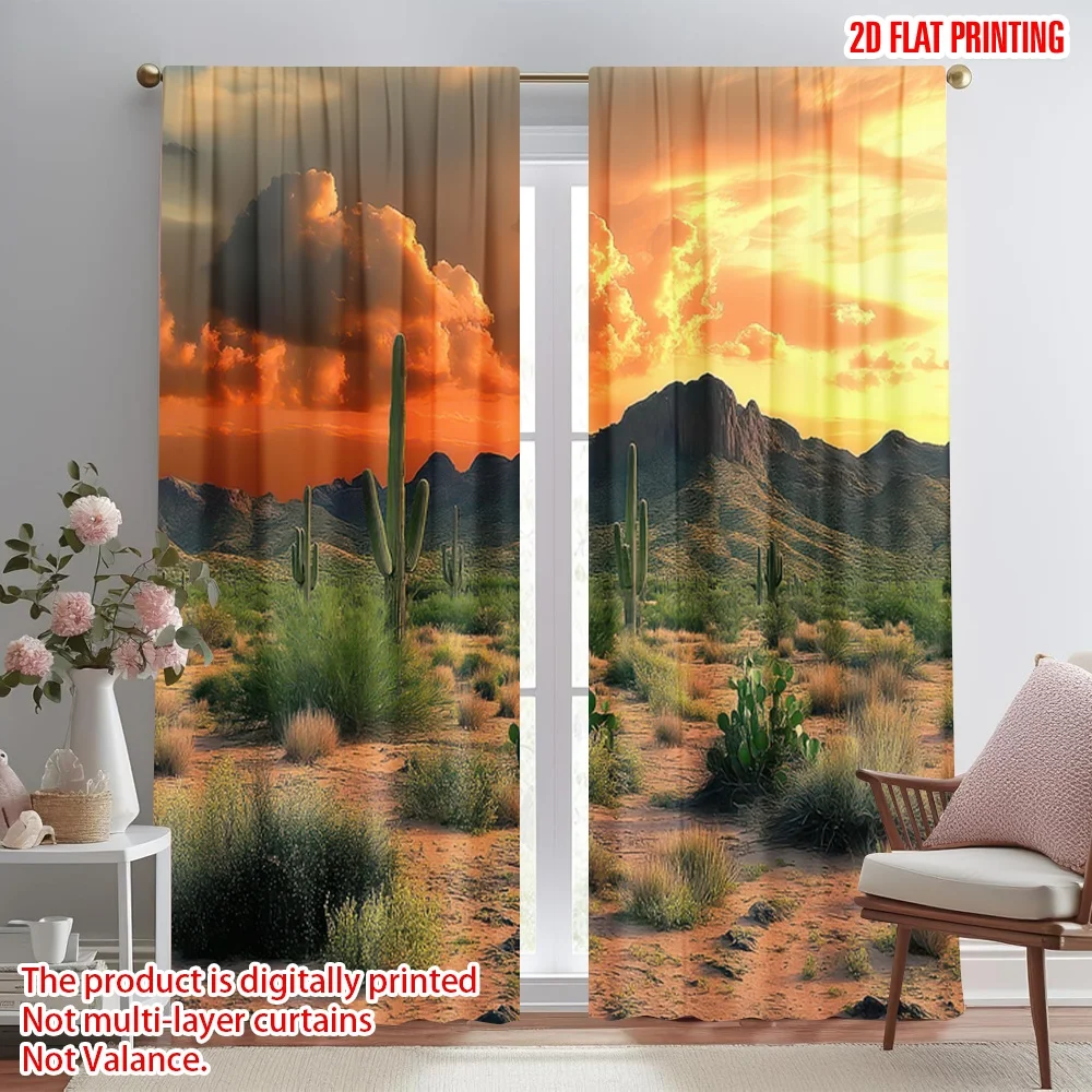

2D flat printing 2pcs Curtain Desert Sunset with Cacti(1) Digital Printed Polyester Drapes Birthday Party Use for Booths Studio