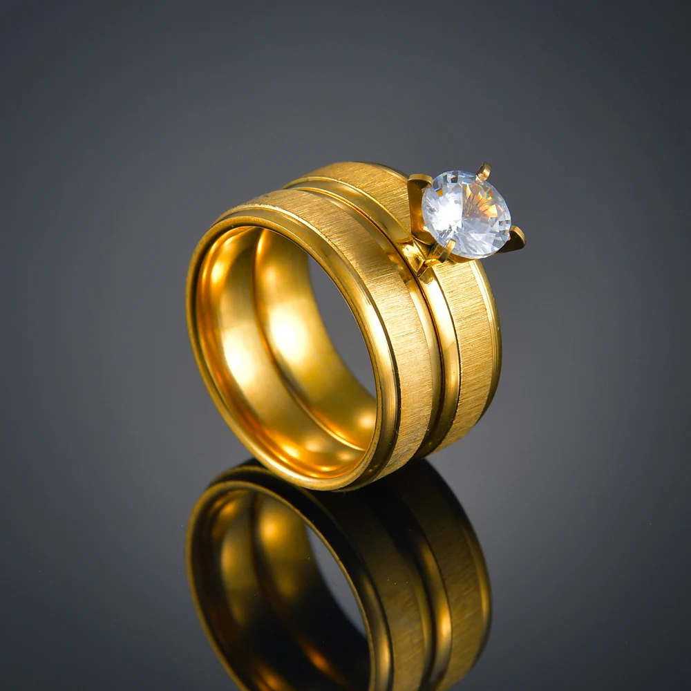 Stainless Steel Wedding Ring For Couples Gold Color Crystal Lovers Rings Set Men Women Engagement Wedding Rings Anillos Mujer