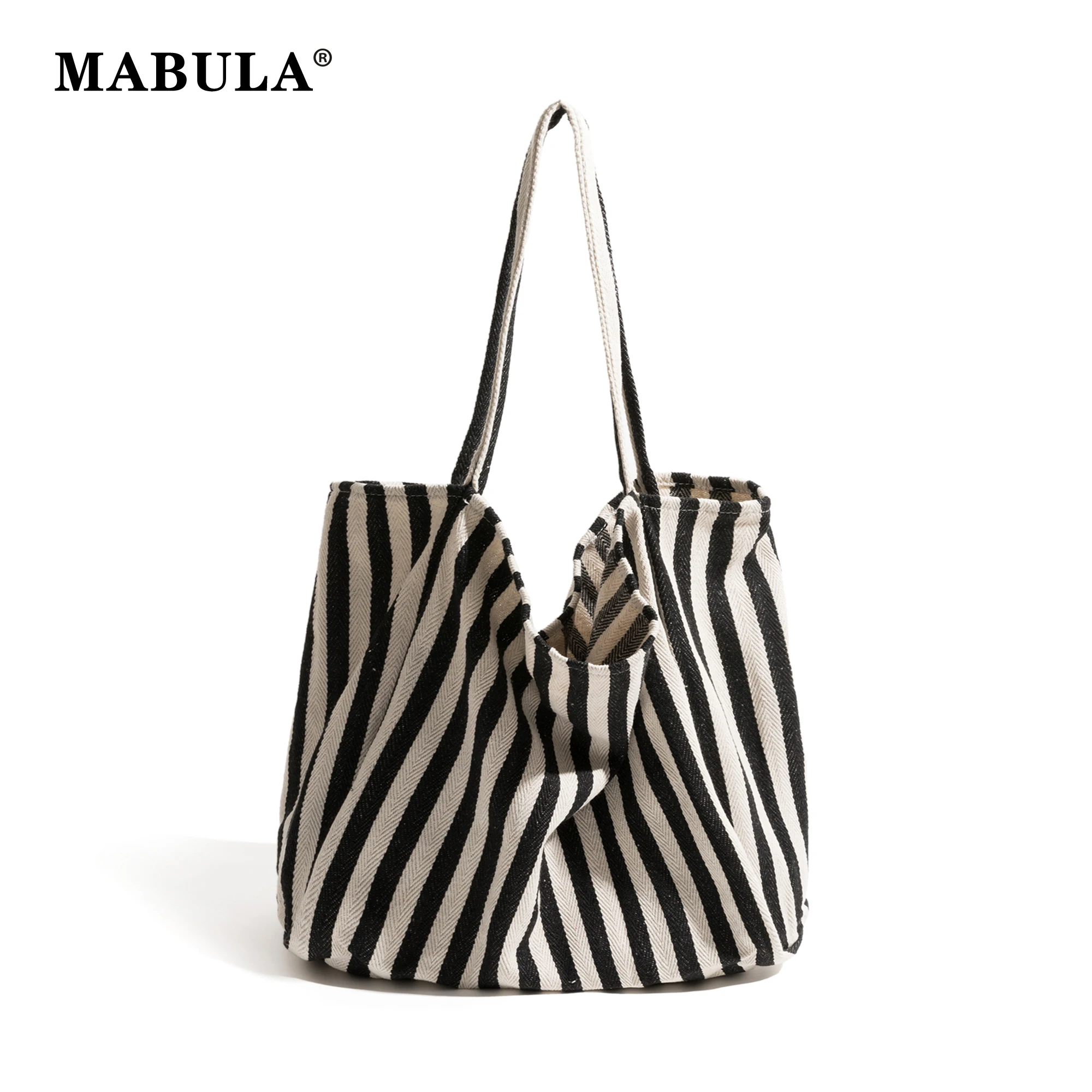 MABULA Casual Striped Ladies Canvas Shopper Bag Portable Reusable Shoulder Purse Big Capacity Office Work Tote Handbag