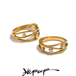 Yhpup 2 Style Stainless Steel Casting Metal Hollow Inlaid Cubic Zirconia Fashion Ring 18k Gold PVD Plated Trendy Finger Jewelry