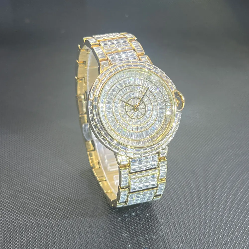 Classic Designer Watch For Men Hip Hop Full Diamond Bling Quartz Timepiece Luxury Crystal Bracelet Round Clock For Gift