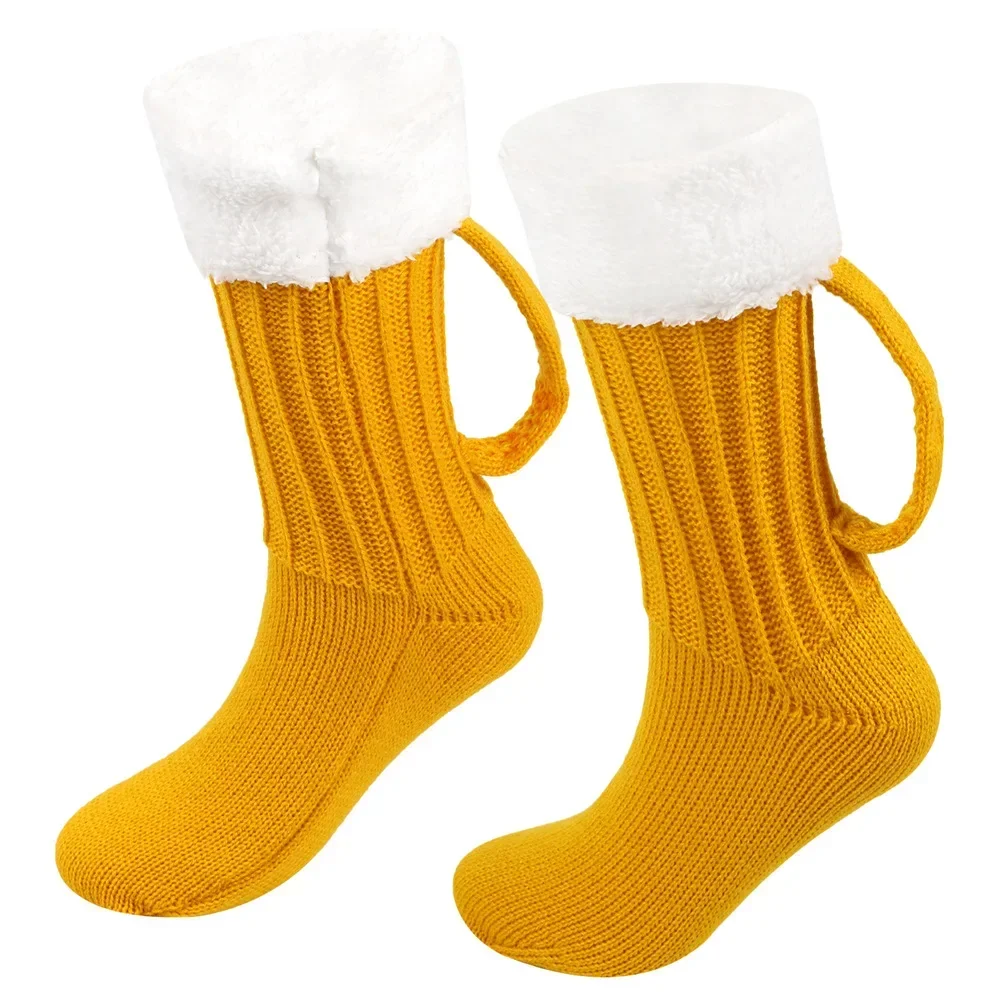 3D Beer Mug Knitted Socks Men\'s Padded Warm Mid-Calf Socks Women Winter Soft Funny Sleep Floor Socks Christmas Gift