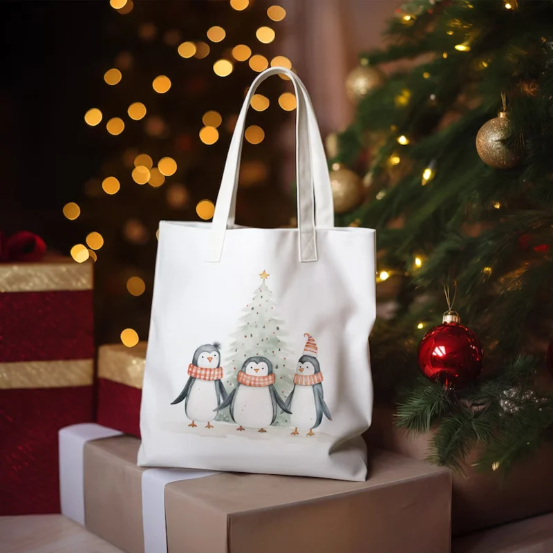 Three Penguins Christmas Tote Bag Reusable Festive Shopper Shopping Holiday Gift Shopping Bag for Life Christmas decor gift for