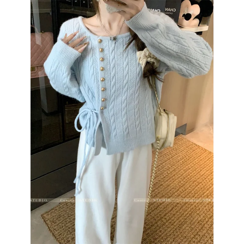 

Gentle Style Round Neck Twist Knit Cardigan Women's Spring New Style Design Lace-up Loose Long-sleeved Sweater