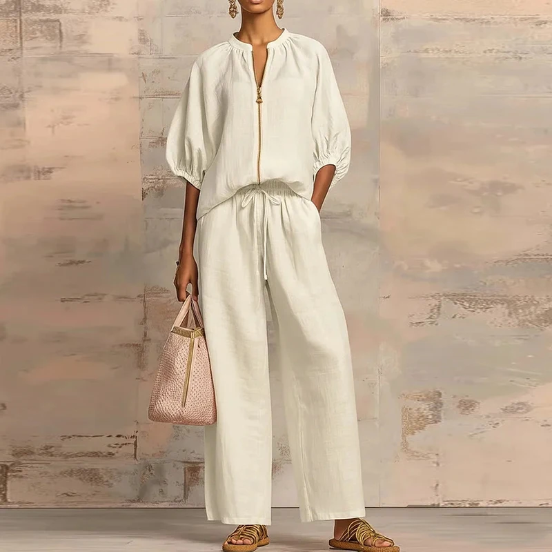 

Summer Casual Women Two Piece Set Zipper Three Quarter Sleeve High Waist Drawstring Pants Suit Women Loose Long Pants Suit