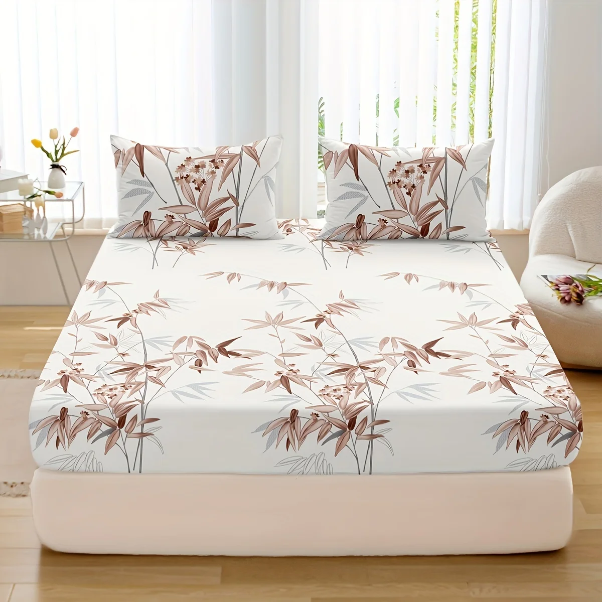 3pcs Bamboo Leaf Print Fitted Sheet Set - Soft, Breathable, Comfortable, Hypoallergenic Bedding for Bedroom, Guest Room - 1 Fitt