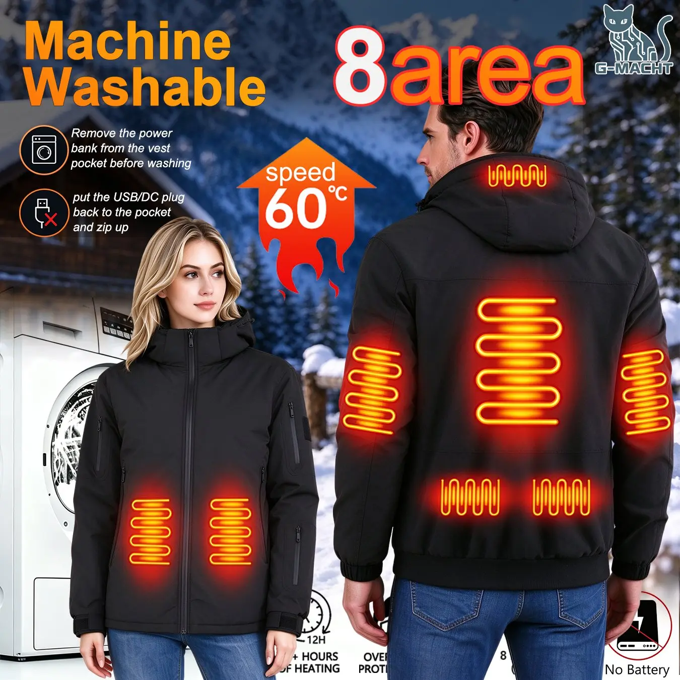 Dual Control Heated Hooded Jacket for Men Women, Machine Washable 8 Zones Heating Coat Waterproof Winter Outdoor Thermal Jacket
