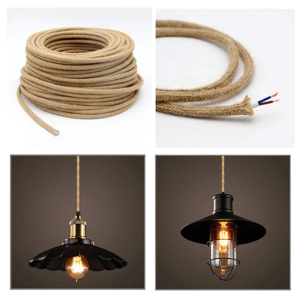 2 Core Vintage Electrical Wire Hemp Rope Wire Twisted Cable Braided Flexible Retro Pendant Light Edison Bulb Lamp Cord