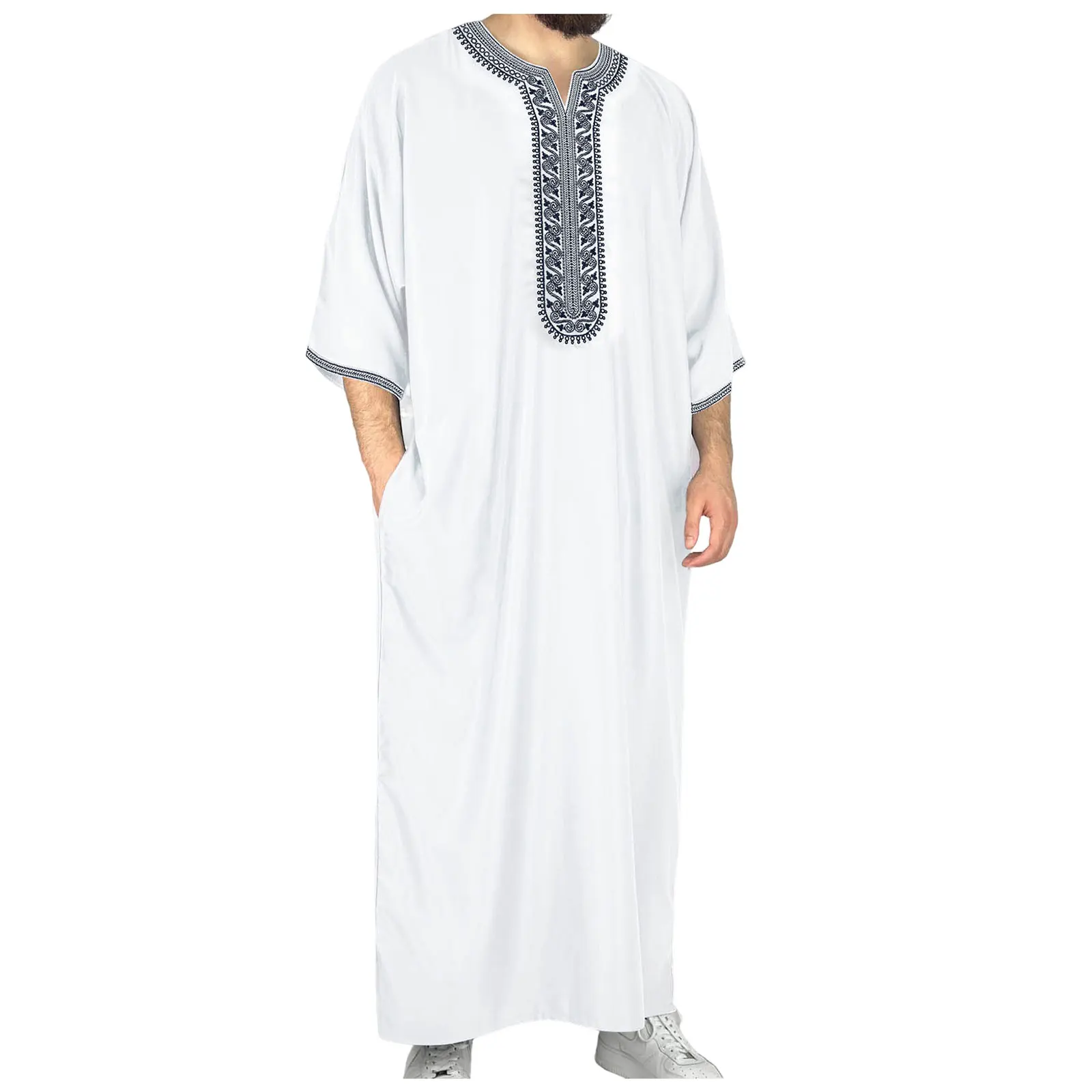 Muslim Men Casual Jubba Thobe Fashion Abayas Embroidery Moroccan Ethnic Style Hooded Long Robes Pakistani Islamic Clothing Homme