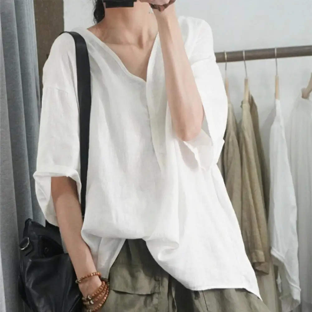 

Women V-neck Loose Top Stylish Women's V-neck Tops Loose Fit Half-sleeve Blouse Casual Solid Color Pullover Shirt Breathable