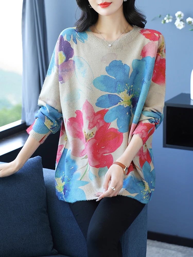 

Print Sweaters Autumn Winter Harajuku Knitwears Pullover Pull Femme Female Casual Jumper Long Sleeve Loose Furry Sweater
