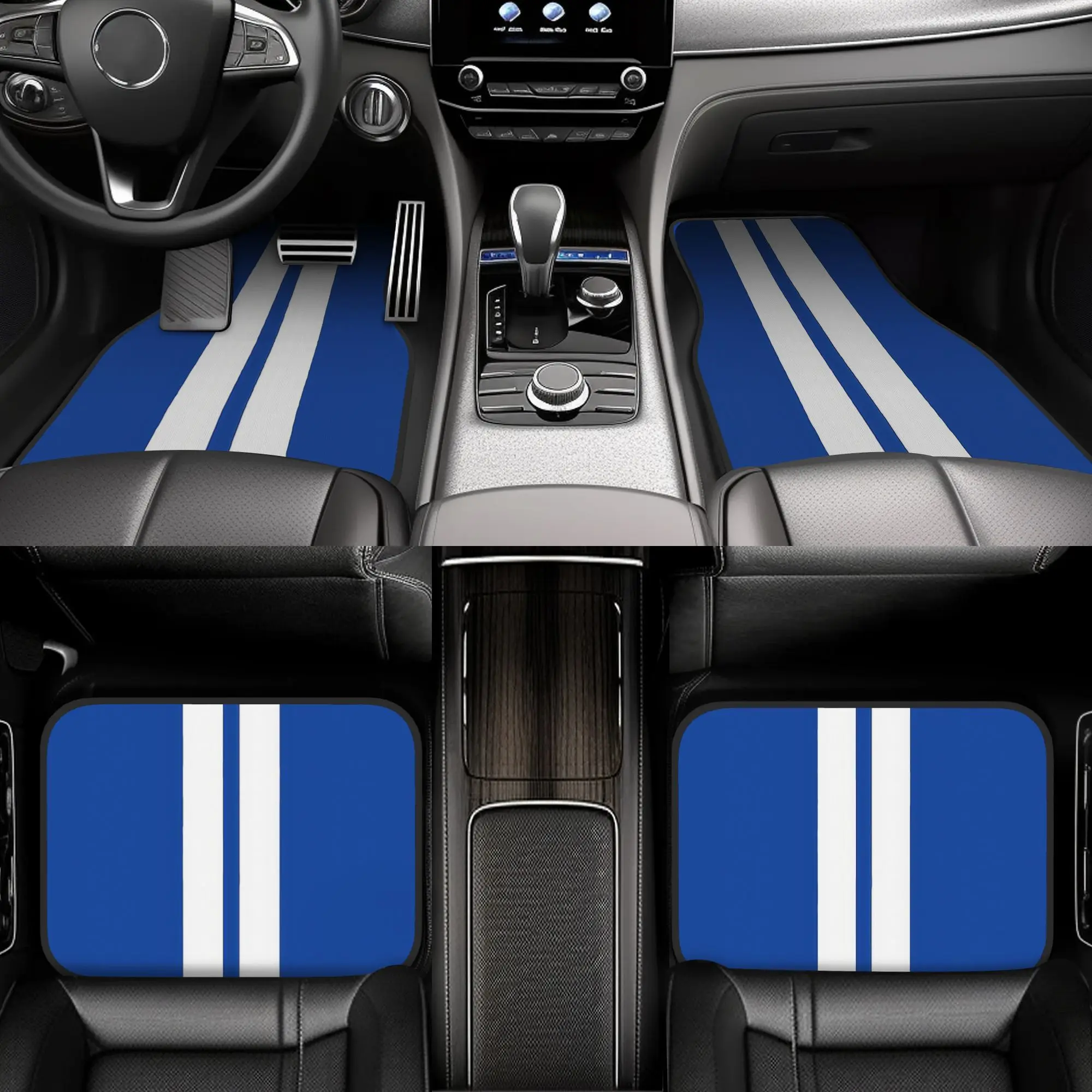4pcs Stripe Collection White On Blue(41) Blue White Racing Car Floor Mats,Durable,Fit For Cars,Ideal Gift, Vehicle Interior Mats