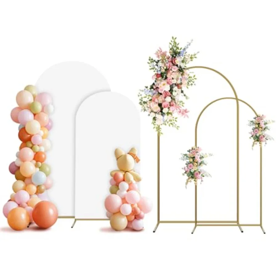 

Arch Backdrop Stand and Cover Set for weddings, parties, birthdays; metal frame in gold; white fabric covers; sturdy 7.2ft + 6f