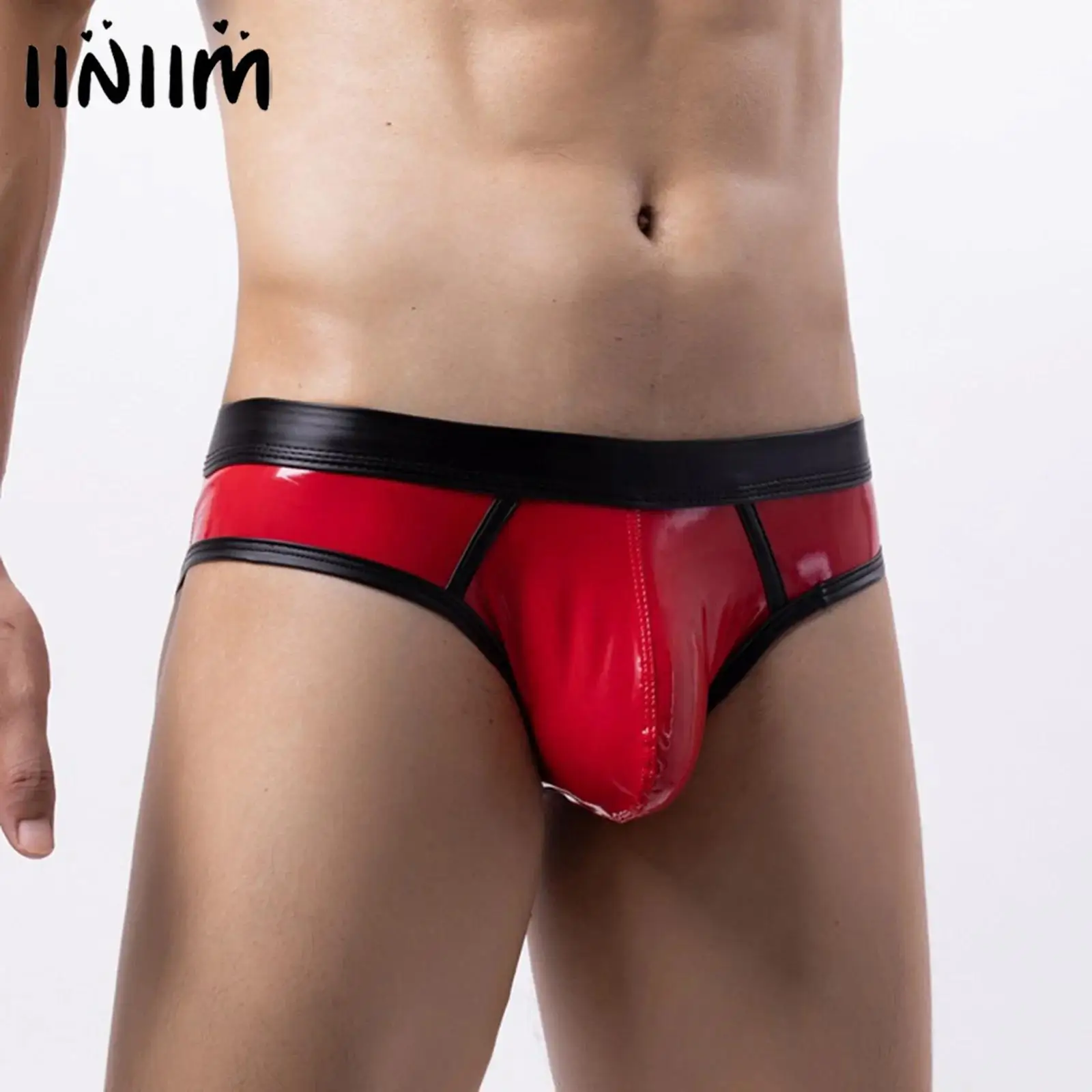 Sexy Mens Patent Leather Bulge Pouch Underwear Low Rise Underpants Elastic Waistband Underwear Contrast Color Briefs Panties